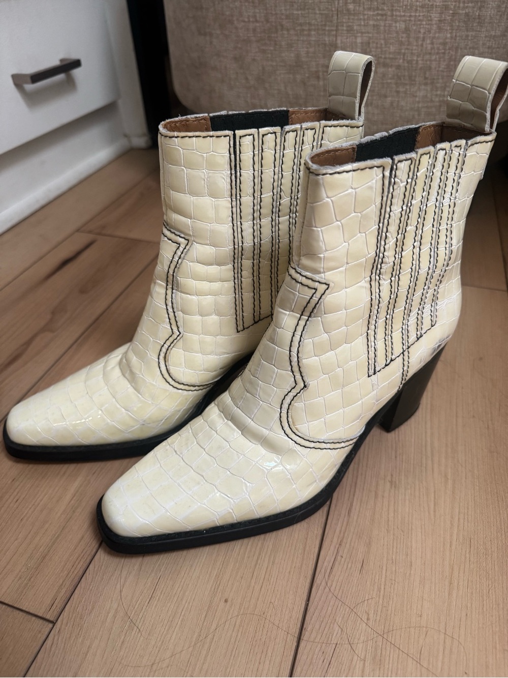 Ganni Callie Cream Croc-Embossed Leather Ankle Boots